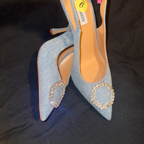 Steve Madden Light Denim Pointed Slingback Heels with Crystal Hex Accent - Picture 2 of 3